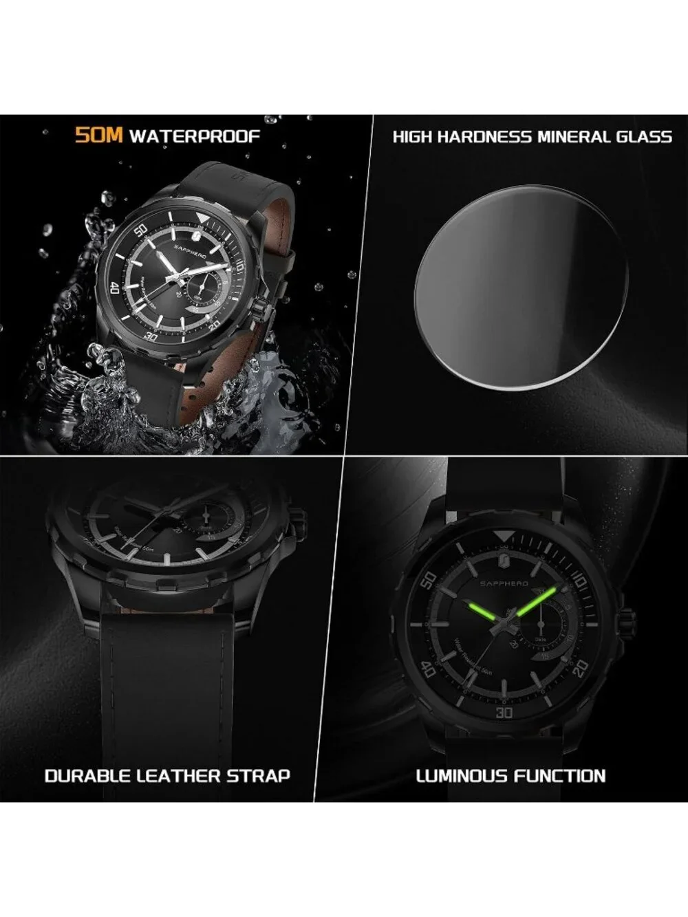 Men's All Black Numeral Dial Stainless Steel Strap Analog Quartz Wrist Watch